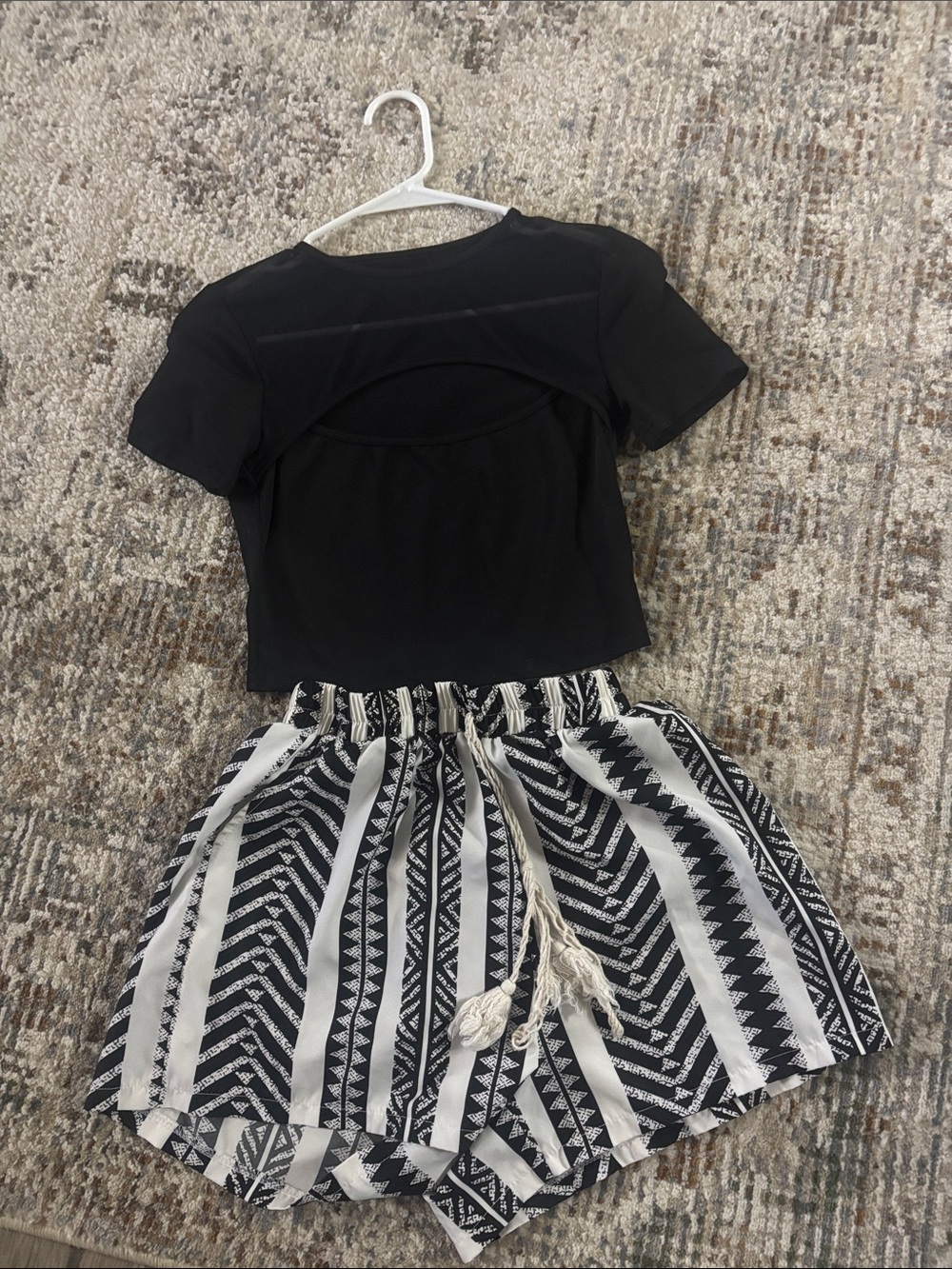 Black Crop Top and Black & White Patterned Women's shorts